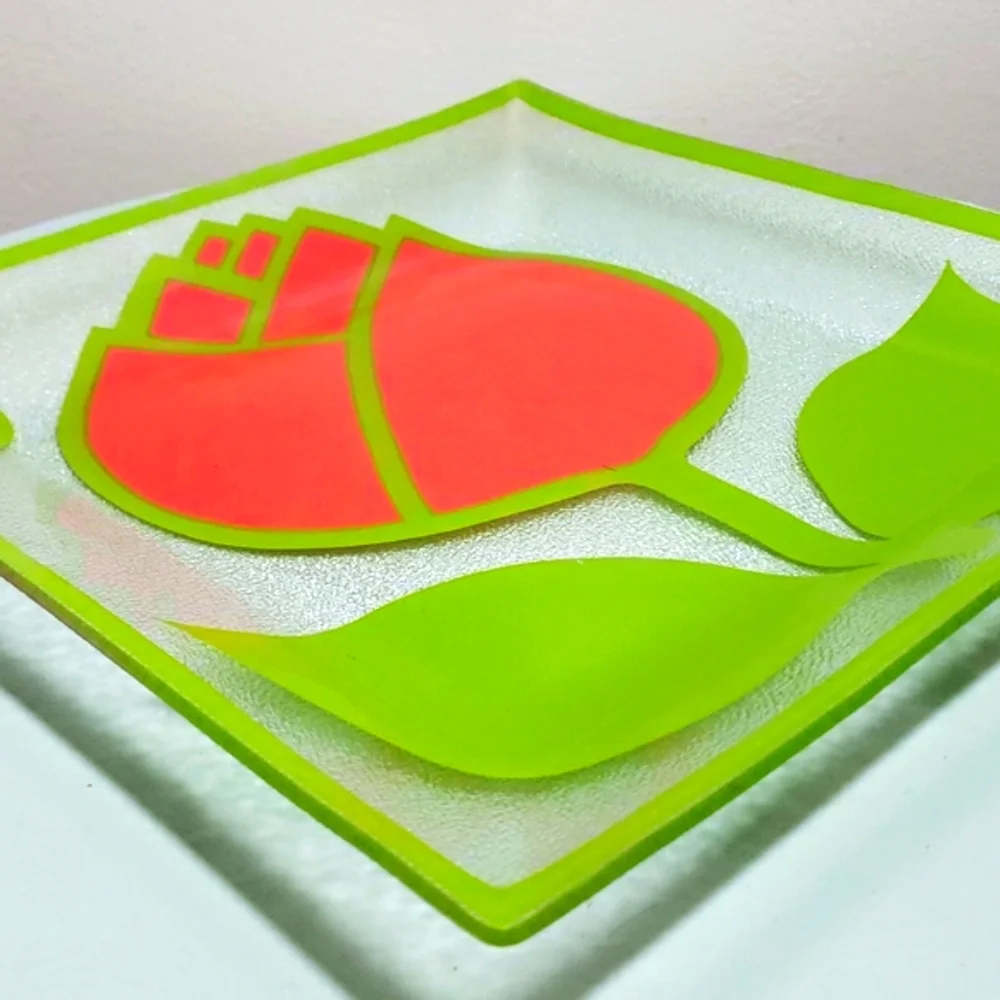 VTG 60S COLONY Glass Red Tulip & Green Leaf Clear Glass Square Serving Dish